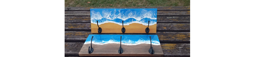 Perchero pared madera arte oceánico en resina epoxi